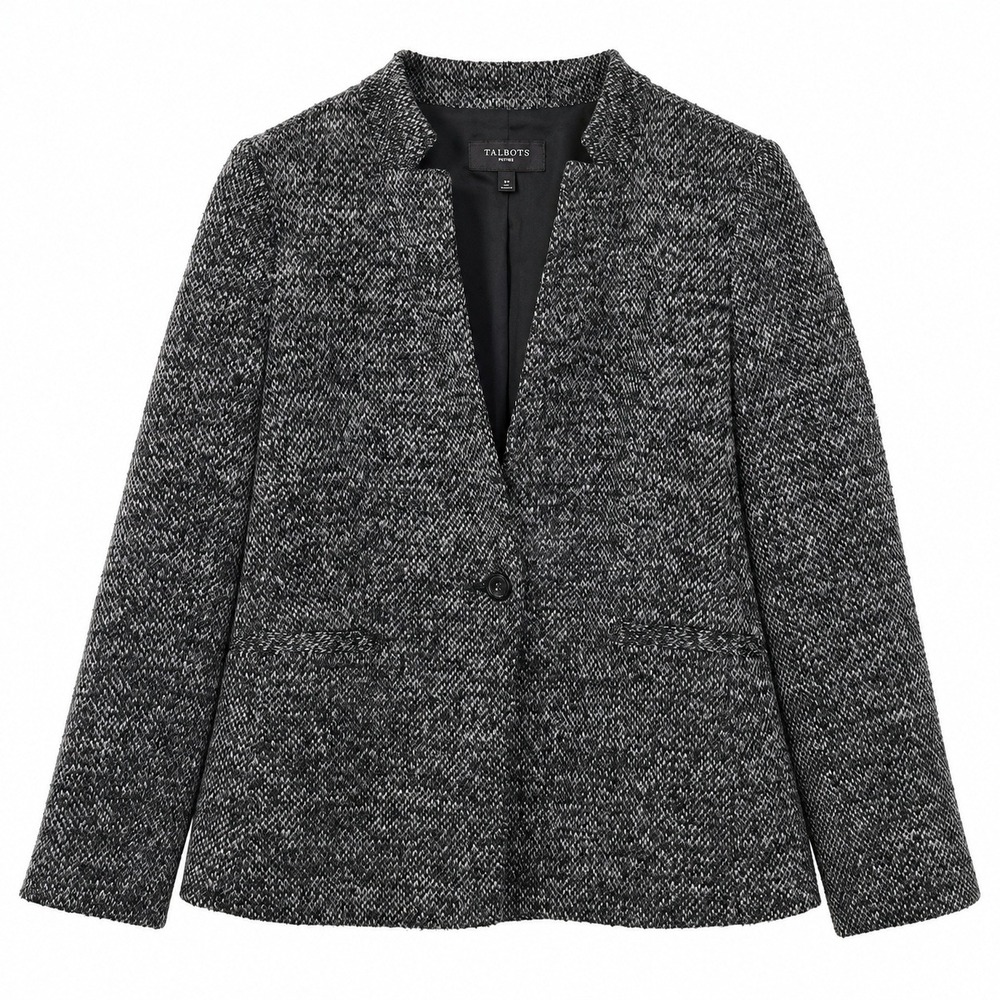 Talbots Tweed Blazer Womens 8P Black White Single Button Fair Professional Coat